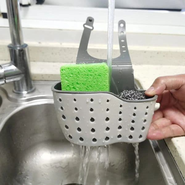 Kitchen Sink Caddy Sponge Holder Silicone Plastic Soap Holder Hanging Ajustable Strap Faucet Caddy with Drain Holes for Drying