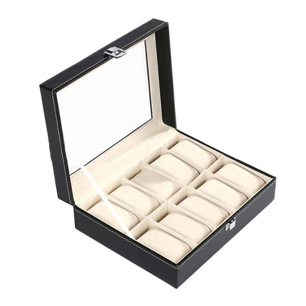 10 Grids Leather Watch Storage Box Fine Glass Composite Board Artificial Leather Jewelry Bracelet Display Organizer Rings Case