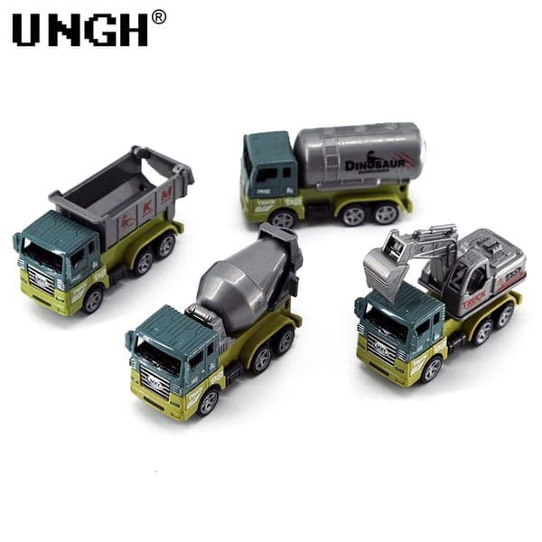 UNGH 4pcs/Set Mini Inertial Pull Back Engineering Dinosaur Car Plastic Vehicle Truck Model Educational Toy for Children Boy Gift