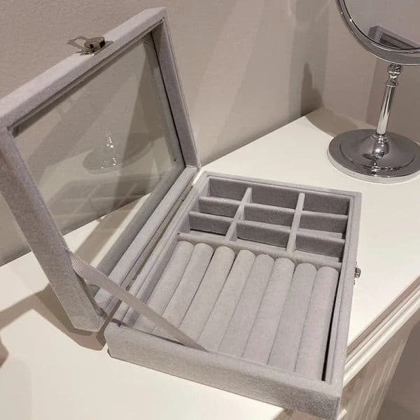 Transparent Glass Earrings Bracelet Necklace Storage Box Grey Color Best Quality High Capacity Jewelry Packaging Box