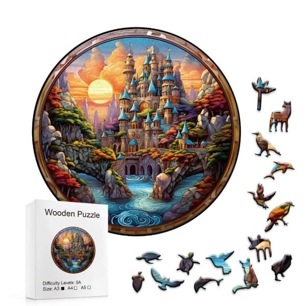A popular children's toy, adult puzzle game, Montessori toy, featuring wooden animals with irregular shapes in circular building