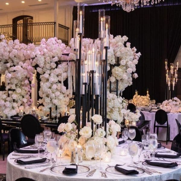 New wedding decor centerpieces tall iron black flower stand wedding center piece decoration set black pillar tall candle sticks
