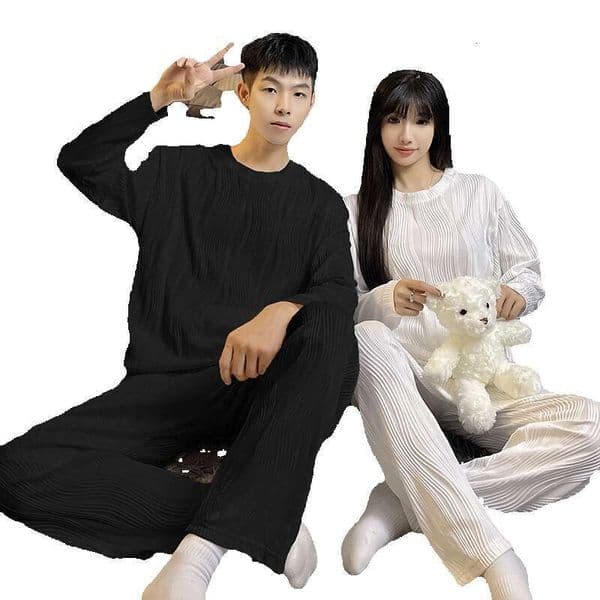 Korean Version Couple Pajamas Cotton Long Sleeved Men's Spring Autumn New Women's Minimalist Home Clothing Two-Piece Set, Oversized And Loose Fitting