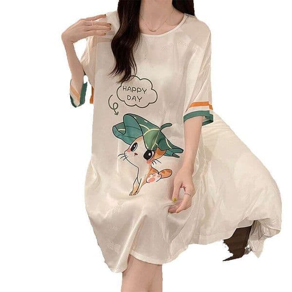 300 Pounds Ice Silk Sleepwear Women's Summer Nightgown New Cartoon Plus Size Thin Short Sleeved Internet Celebrity Can Be Worn As Outerwear Home Clothes