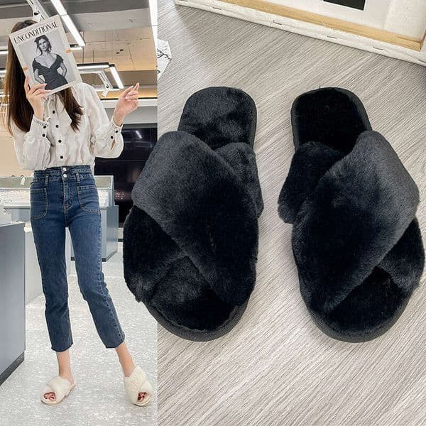 Indoor 2024 New Women's Autumn And Winter Plus Size Flat Bottomed Warm Cotton Slippers With Fuzzy Fur