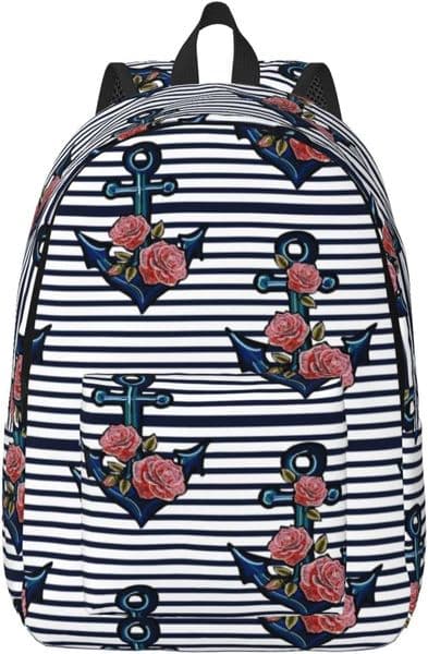 Backpack Casual Lightweight Anchor And Pink Rose Embroidery Laptop Backpack Men Women Travel Bag Outdoor Canvas Daypack