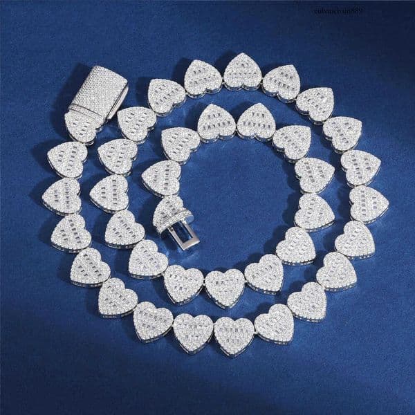 Dropshipping Hip Hop Jewelry 13mm Sterg Sier VVS Moissanite Dia Iced Out Heart Shape Tennis Chain Necklace