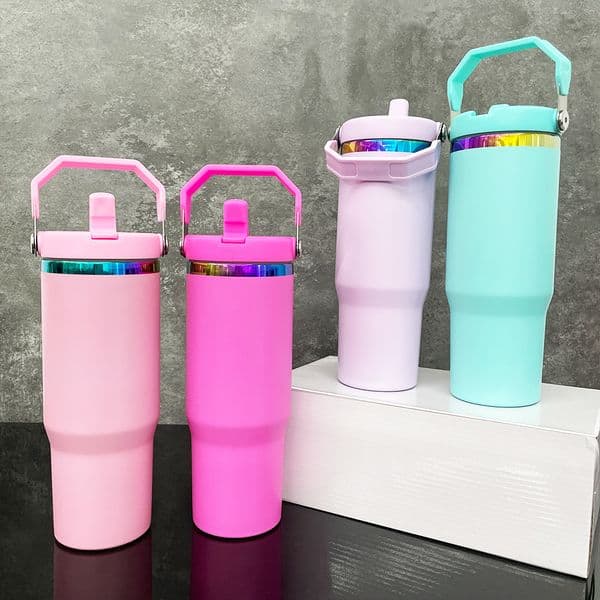 Flip straw 30oz matte macaron rainbow plated tumbler Leak proof stainless steel vacuum insulated travel mugs coffee cups for Laser engraving