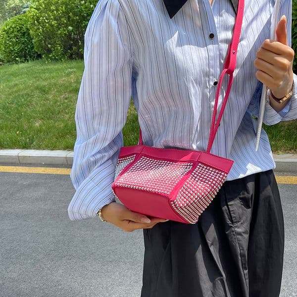 Luxury Shoulder Bag for Women PU Leather Rhinestone Top Handle Glitter Evening Bag Clutch Purse Fashion Top Handle Bucket Bag