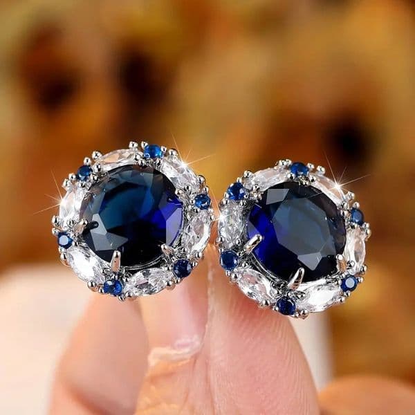 Women Fashion Zircon Round Luxury 925 Sterling Silver Diamond Classic Sapphire Crystal Stud Earrings Wedding Jewelry