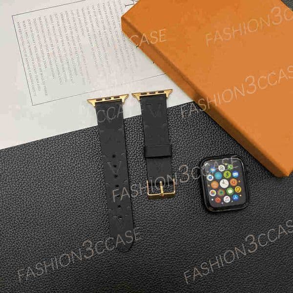 Smart Straps designer Luxury Apple Watch Band 38 40 41 42 44 45 49 mm Black embossed Watchs Strap Wristband For Iwatch 8 7 6 5 4 SE