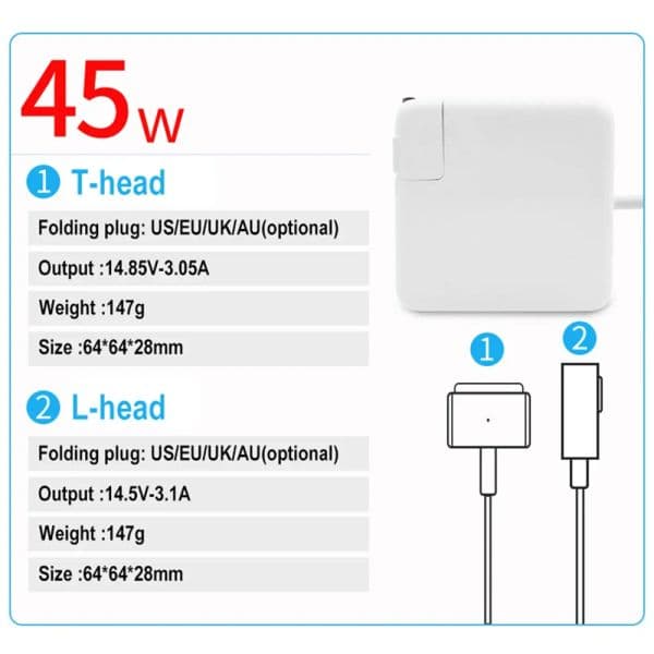 45W L/T Charger For Book Air 11" 13" 2025 A1465 A1436 A1466 A1435 for Mag* 2 14.85V 3.05A Laptop Power Adapter Charger 11" 13" *