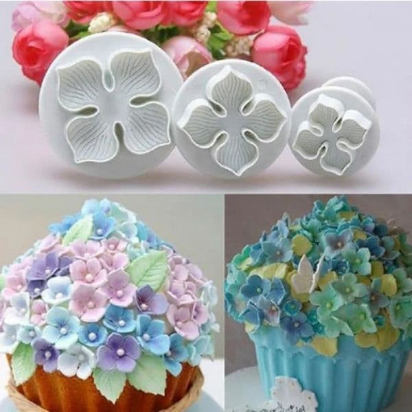 3Pcs/Set Silicone Hydrangea Fondant Cake Decorating Plunger Cutter Flower Blossom Mold Home Cake Tools