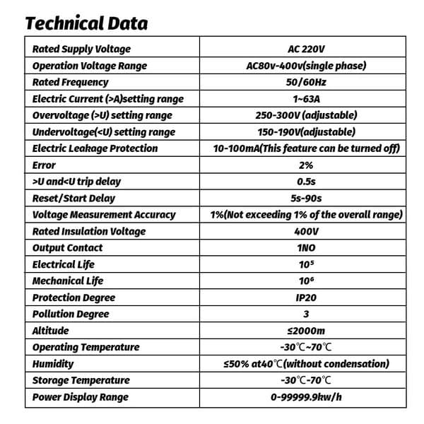 63A TUYA APP 2P WiFi Smart Circuit Earth Leakage Over Under Voltage Protector Relay Device Switch Breaker Energy Power kWh Meter