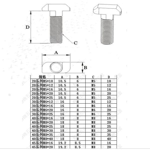 10pcs M5 10mm/12mm/16mm/20mm/25mm Hammer Head T Bolt Screw Nickel Plated For 2020 series 20 X20 Aluminum Profile