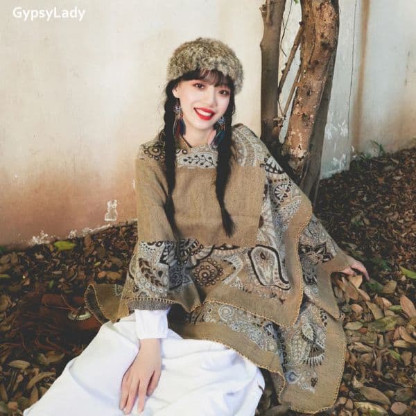 GypsyLady Vintage Floral Knitted Cloaks Capes Women Spring Autumn Warm Poncho Cape Holiday Ethnic Pattern Cloak Poncho Outwear