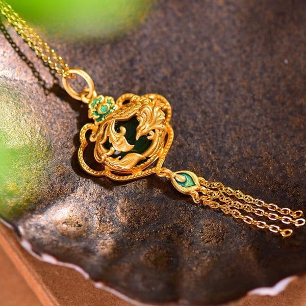 Hetian Jade Green Jade round Egg Noodle Pendant S925 Silver Plated Personality Antique Phoenix Tassel Lock of Good Wishes Tassel