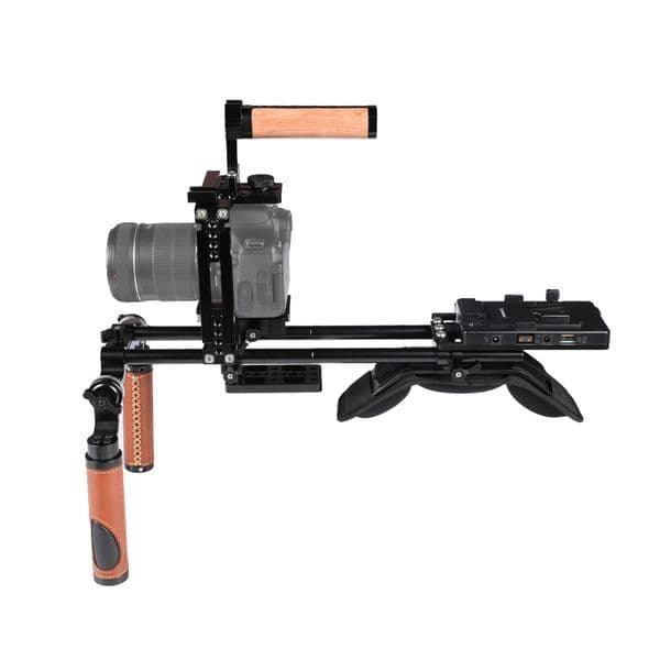 HDRIG Pro Shoulder Mount Rig + Extension-type Half Cage With Manfrotto Quick Release Plate + V Mount Power Splitter