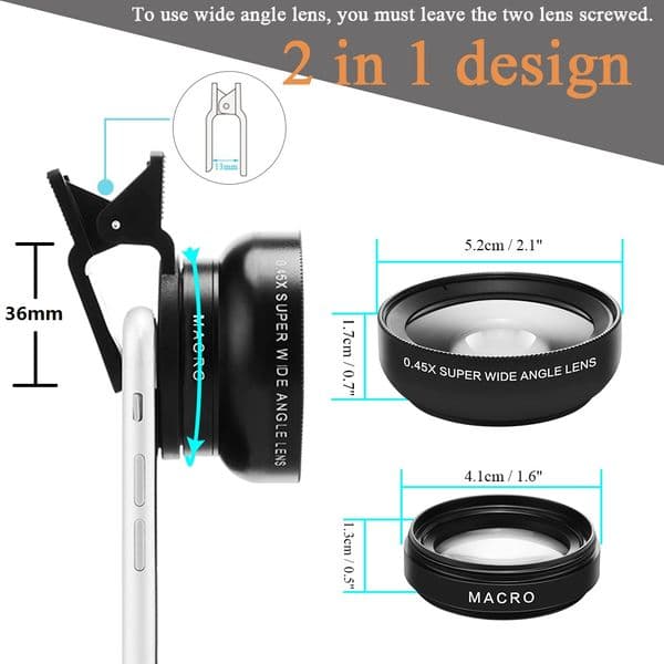 2 Functions Mobile Phone Lens Kit 0.45X Super Wide Angle Lens & 12.5X Macro HD Camera Lens Universal For iPhone Android Phone