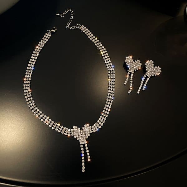 XIALUOKE Korean Style Heart Rhinestone Necklace Earrings For Women Geometric Tassel Crystal Bride Wedding Banquet Jewelry Set