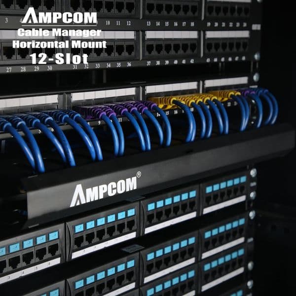 AMPCOM 1U Cable Management Horizontal Mount 19 inch Server Rack , 12/24 Slot Metal Finger Duct Wire Organizer with Cover