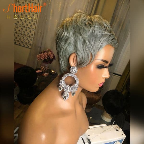 Grey Pixie Short Cut Bob Wig 100% Human Hair Wigs For Black Women Jewelry Blue Wave Wavy Wigs Full Machine Made Wigs Glueless