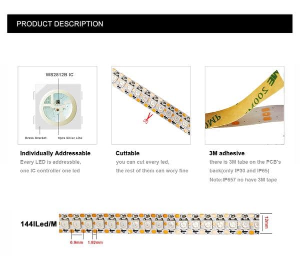 DC5V WS2812B Individually Addressable Led Strip Light Smart Luces 3Pin 5050 RGB 144 Pixel/M Black White PCB IP30 0.5M 1M 1.5M 2M