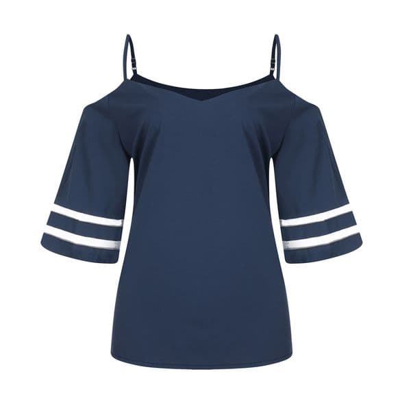 Women's Dew Shoulder V Neck Mesh Panel Blouse 3/4 Bell Sleeve Casual Shirt Solid Color Cold Shoulder Summer Holiday Blusas Tunic