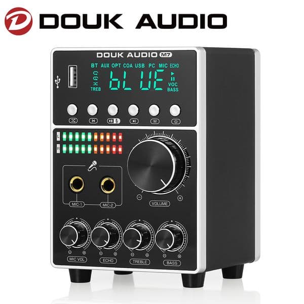 Douk Audio M7 Dual MIC Audio Amplifier Bluetooth S/PDIF Karaoke Treble&Bass Control w/LED Display USB Player for Home/Car
