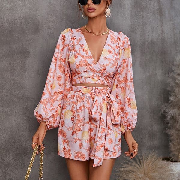 Summer New V-neck Printing Hollow Out Playsuits Ladies Loose Casual Lace Up Short Sleeve Jumpsuits Women's Beach Holiday Rompers