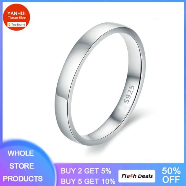 High Quality Classic 4mm Flat Round Rings Real White Tibetan Silver Jewelry Engagement Wedding Band for Women Men with Gift Box