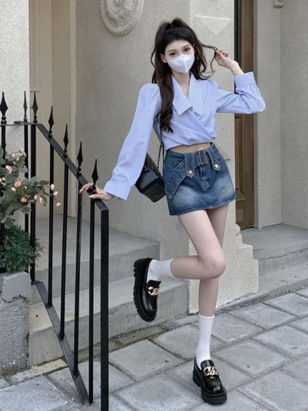 Gaganight Women Blue Stripes Banded Short Shirt Women's Spring 2023 New Chic Sexy Turn down Collar Waist Slim Lace Up Short Top