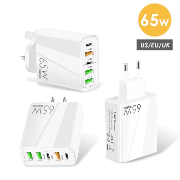 EU/US/UK Plug USB Charger 65W PD Quick Charge 3.0 Phone Adapter for iPhone 14 Pro Max Tablet Portable 2025 Wall Mobile Fast Charger