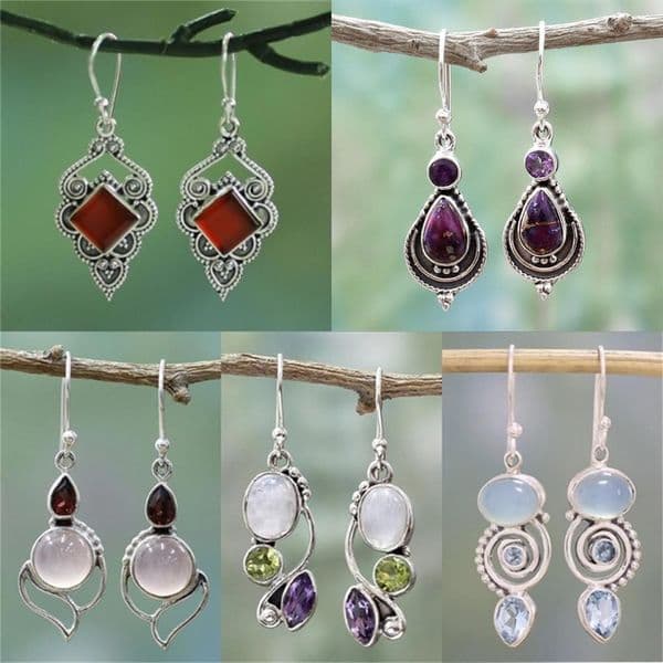 Women Natural Charm Multi-Gemstone Rainbow Moonstone & Peridot & Amethyst & Turquoise Pendant Earrings Vintage Jewelry