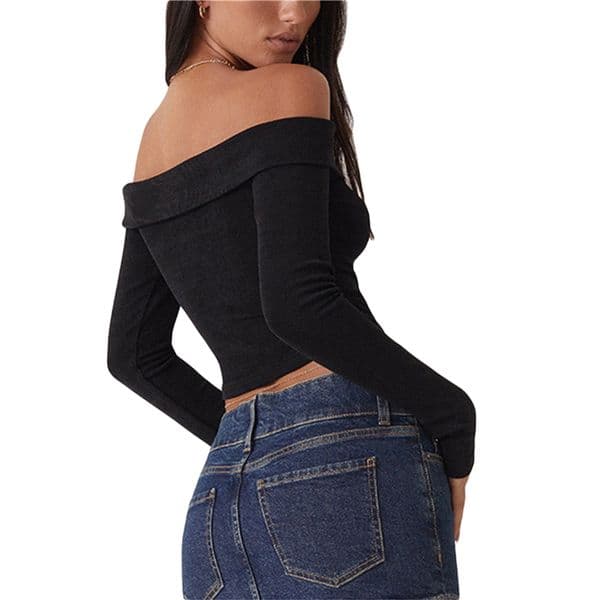 Xingqing Women Off Shoulder Crop Tops Elegant Ladies Solid Color Long Sleeve T Shirt Ribbed Clothes Basic Tee Streetwear