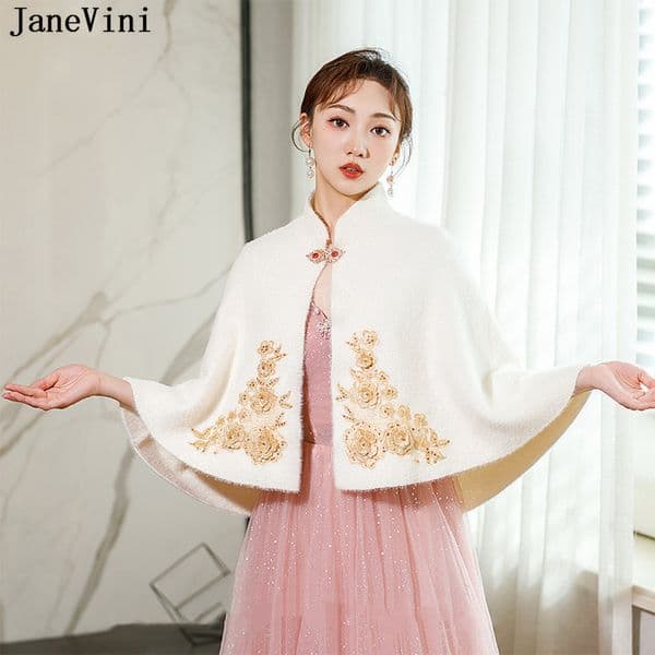 JaneVini Ivory Mink Fur Bride Jacket Shrug Appliqued Beaded Pin Winter Party Capes Faux Fur Shawl Wrap Bridal Shawls Stole Cloak