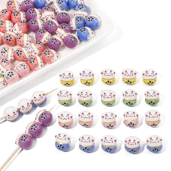 2pcs 14mm Handmade Painted Ceramic Cats Cute Lucky Cats Charms For Women Bracelet DIY Jewelry Bracelet Necklace Making