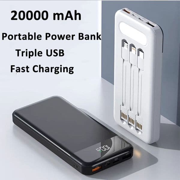 20000mAh Protable Power Bank 3 Usb Fast Charging Battery Pack Portable Built In Cables for Huawei Iphone Samsung Mobile Phone