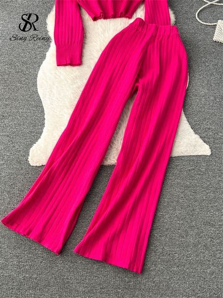 SINGREINY Winter Knit Two Pieces Suits Half High Collar Full Sleeve Pullover+Wide Legs Long Pants Women 2023 Senior Striped Sets a92b8