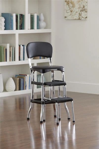 Counter Stools Stylaire Retro Chair + Step Stool with Sliding Steps, Black Durable