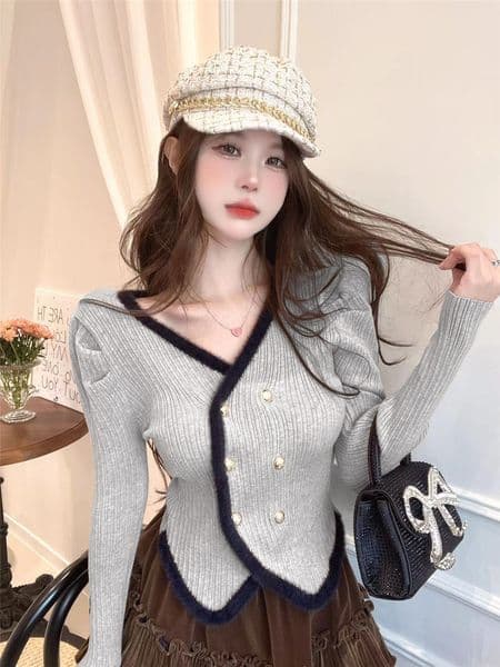 Double Breasted Long Sleeved Knitwear Irregular Crop Top Jumper Bottom Slim V Neck Sweater Mujer Black Coat Clothes