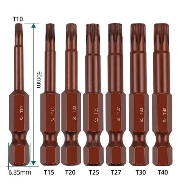 7pcs 50mm Torx Screwdriver Bits Set 1/4" Hex Shank Magnetic Electric Screw Driver Without Hole T10-T40 Screwdriver Bits