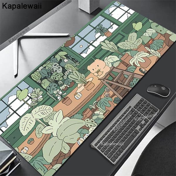 Mouse Pad Kawaii Deskmat XXL Large Pc Gamer Mousepad Cute Black Cat Gaming Keyboard Carpet Deskpad Aesthetic Cozi Lofi Plant Rug