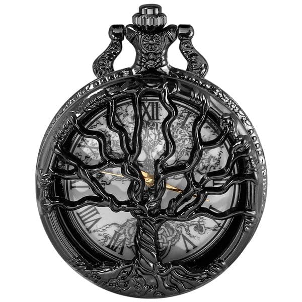 Tree of Life Pattern Sketch Ink Painting Dial Pocket Watch All Black Vintage Necklace Chain Quartz fob Clock reloj