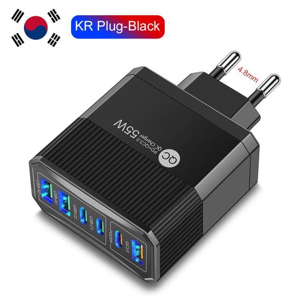 Korean Plug 55W Fast Charging Charger 6Ports USB 2025 Type C Wall Charger For Samsung A23 S23 iPhone 14 pro max Xiaomi KR Charger