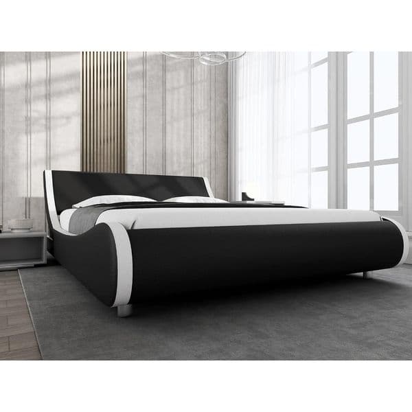 Bed equipped with synthetic leather headboard easy to assemble padded large platform bed frame modern slim sled bed