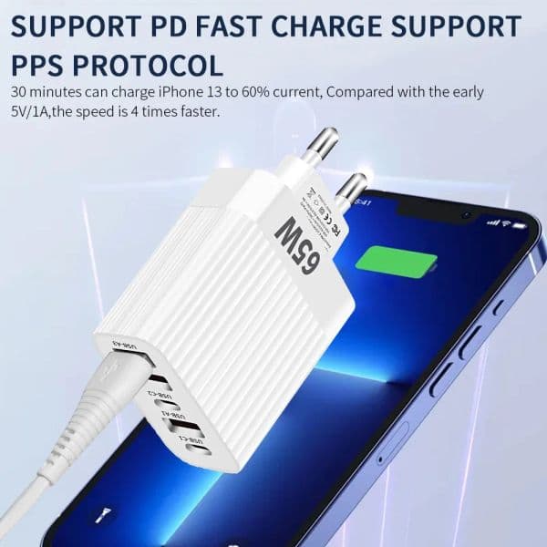 USB 2025 Type C Charger Multi Ports 65W Fast Charging Phone Charge Adapter For iPhone Samsung Xiaomi 5 Ports EU/US Plug Quick Charger