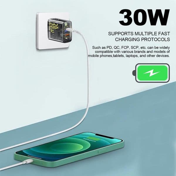 Charger Block Type-C USB Fast Phone Charger Charge Block 30W GaN Phone Supplies 2025 Dual Port Transparent For Travel Use Tablets