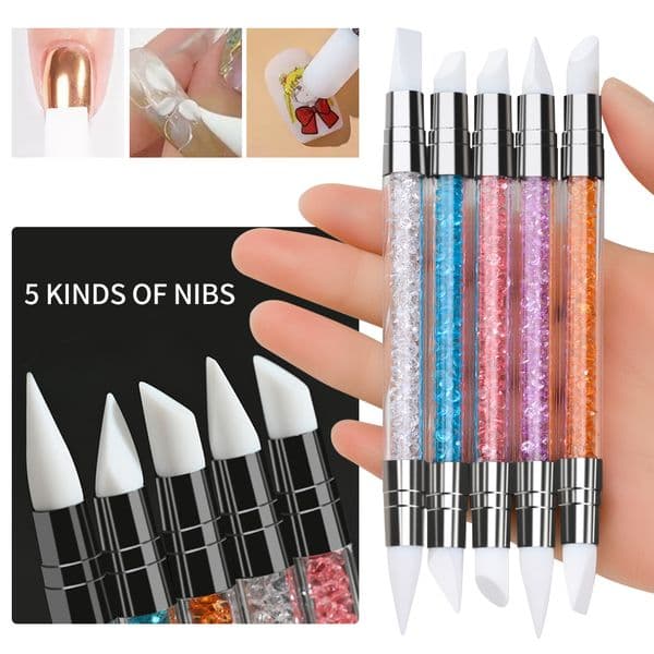 5Pcs/Set Professional Nail Art Silicone Brush Colorful Crystal 20*7cm Dual-head Carving Painting Pen DIY Manicure Painting Pen