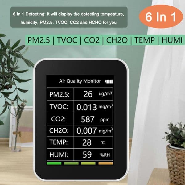 Tuya WiFi 6 In 1 Air Quality Detector Intelligent PM2.5 TVOC CO2 CH2O Temperature Humidity Detector Multifunctional Detector